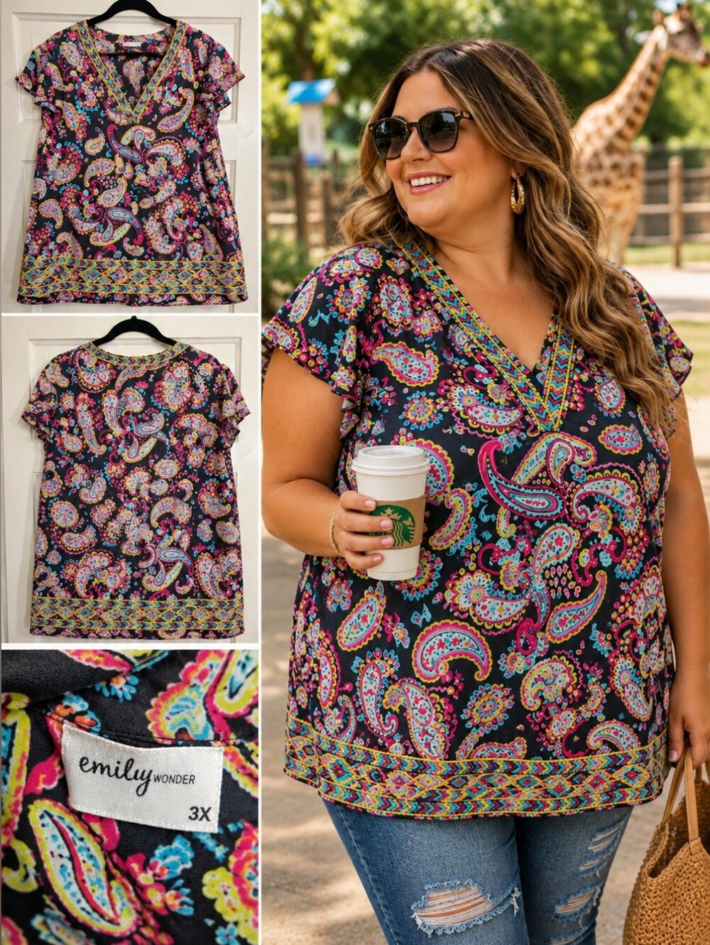 Emily Wonder 3X Paisley Embroidered Boho Tunic Blouse